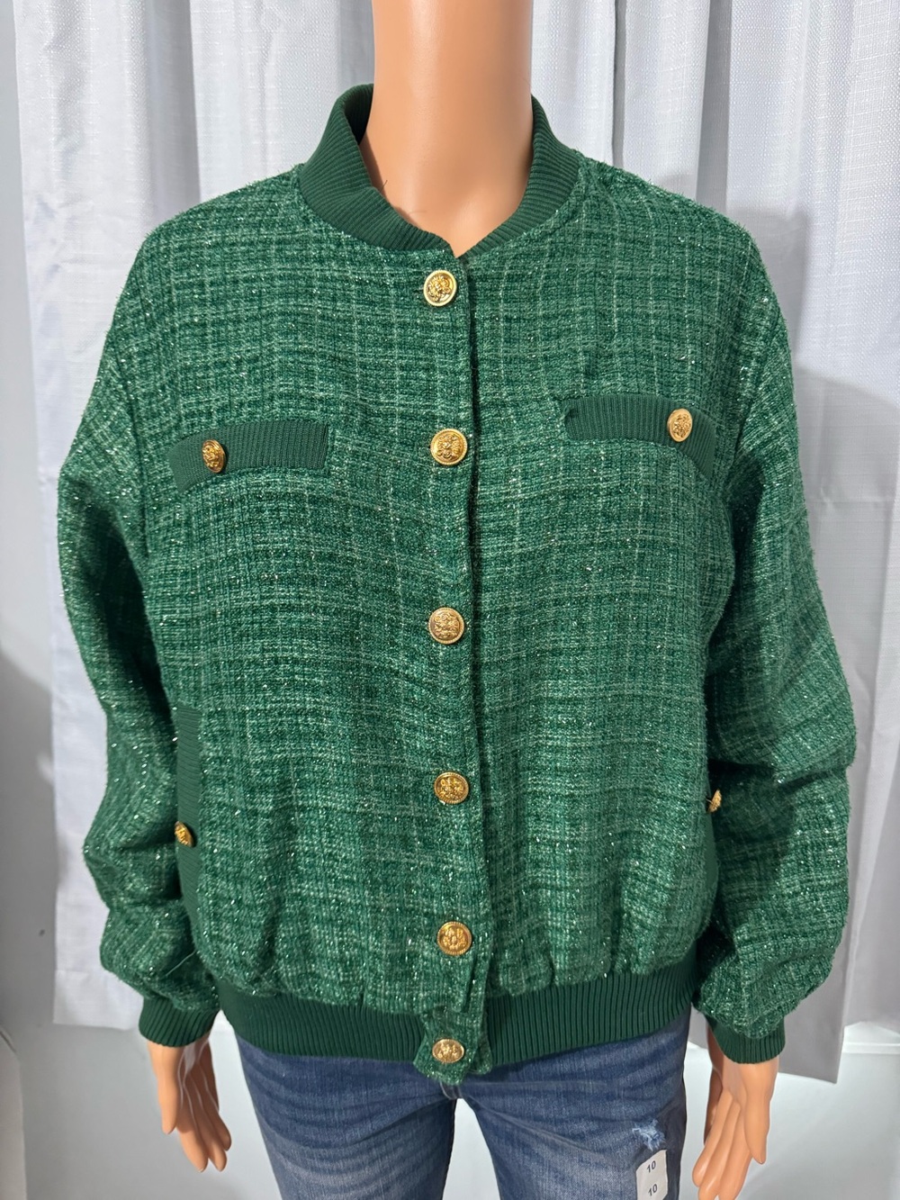 Pretty Strut & Bolt size S green tweed gold button up jacket lined new